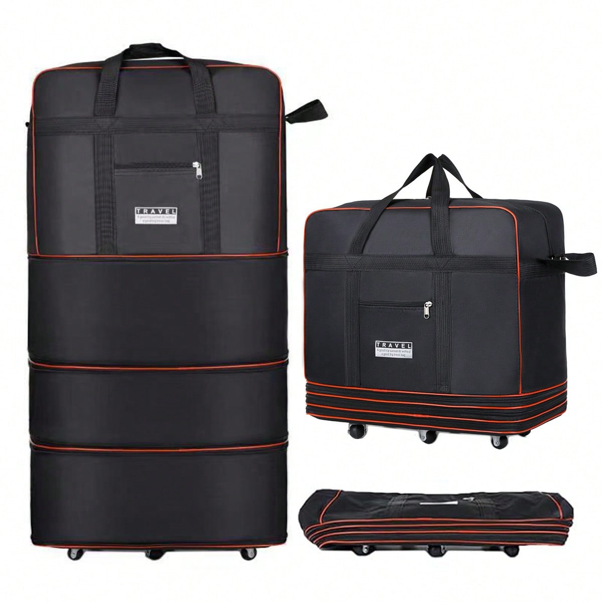 Foldable Rolling Luggage Bag - حقيبة سفر سوداء قابلة للطي بعجلات،